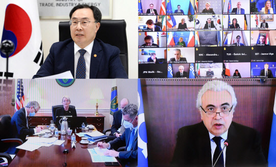 문승욱 산업통상자원부 장관이 1일 오후 정부서울청사에서 31개 IEA 회원국 에너지 장관들이 참석한 가운데 열린 국제에너지기구(IEA) 특별 장관급 이사회 영상회의에 참석하고 있다. 산업통상자원부 제공